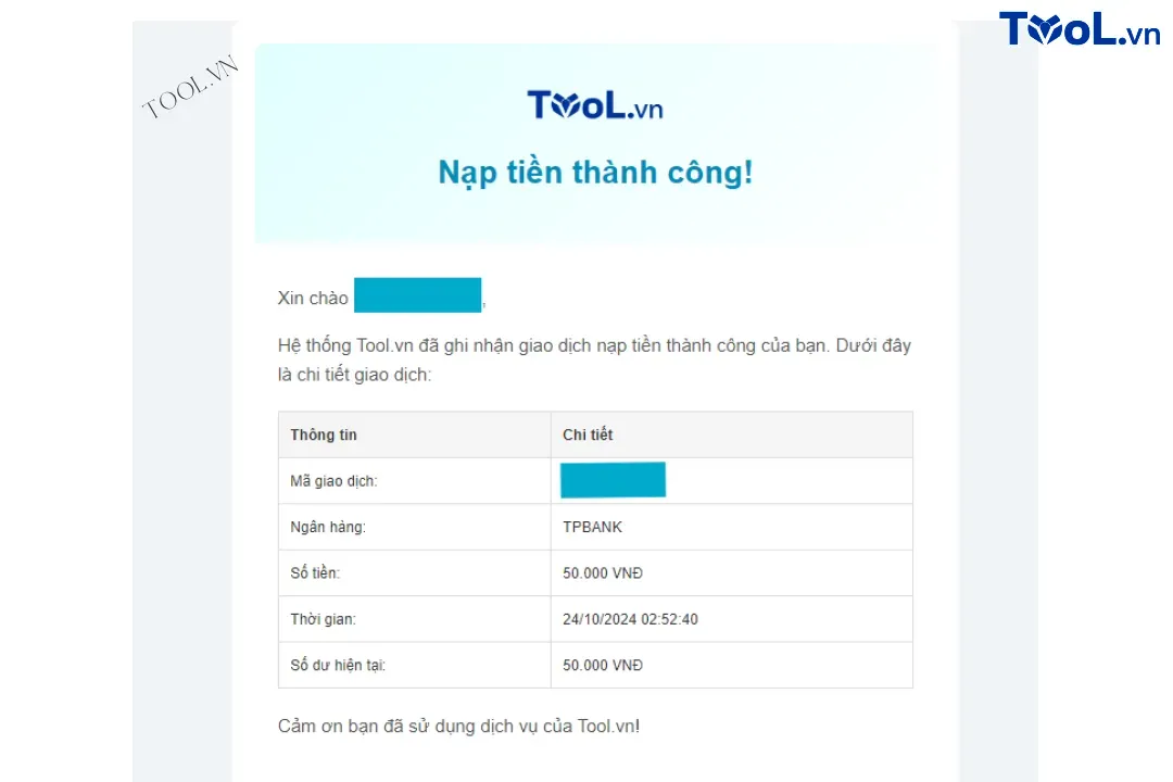 Chức năng gửi mail thông báo giao dịch thành công tự động tại Tool.vn