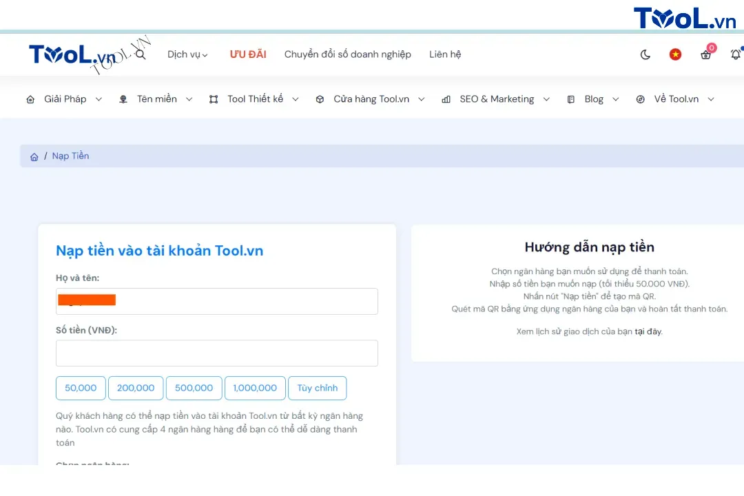 Giao diện nạp tiền của Tool.vn