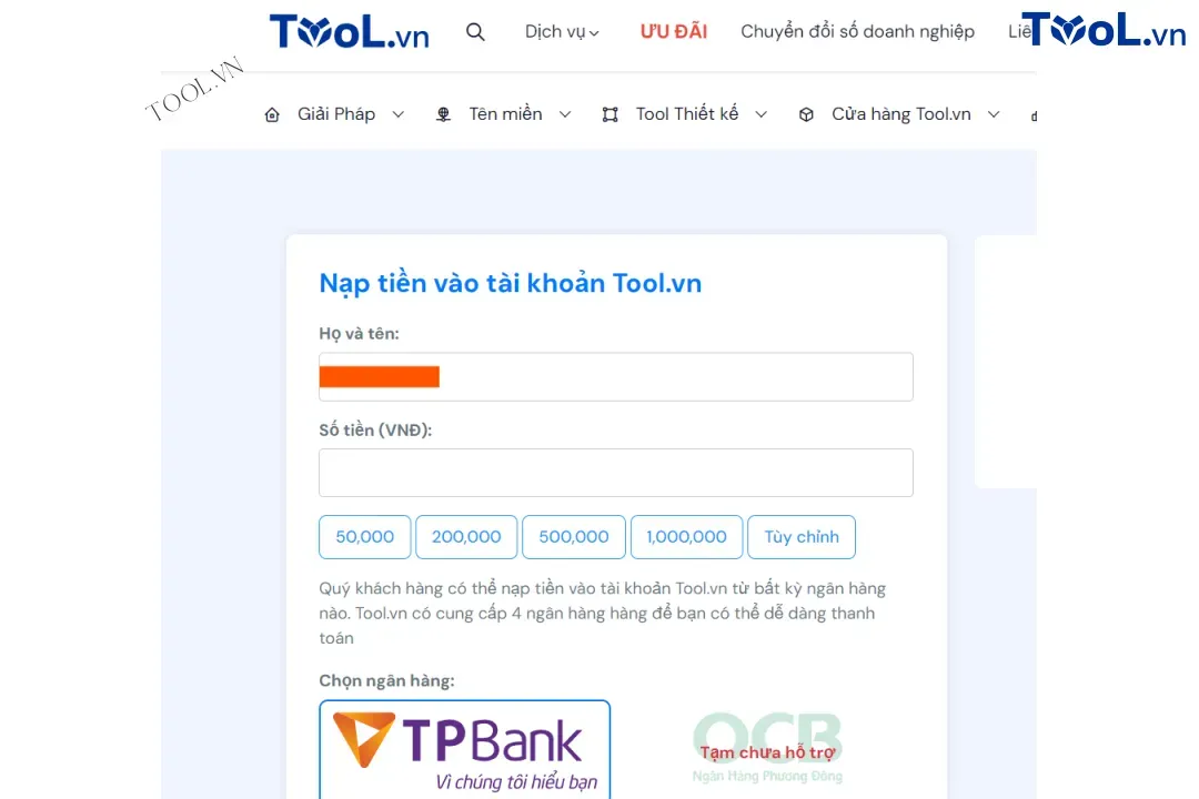 Giao diện nạp tiền tự động của Tool.vn