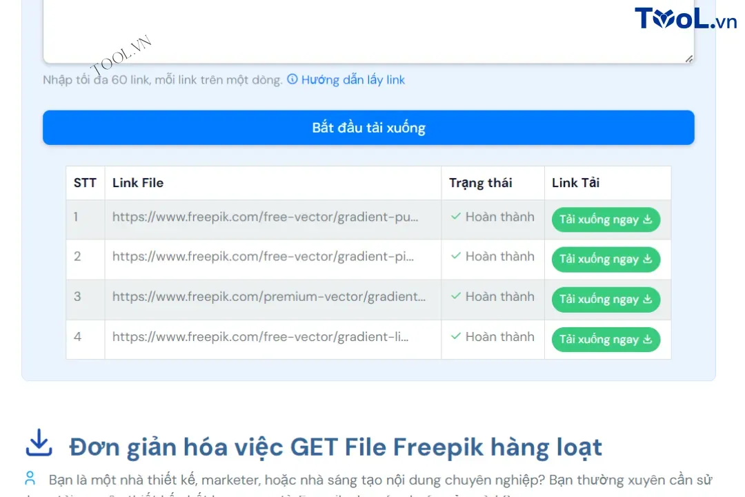 Kết quả khi sử dụng công cụ tải file freepik hàng loạt tại Tool.vn