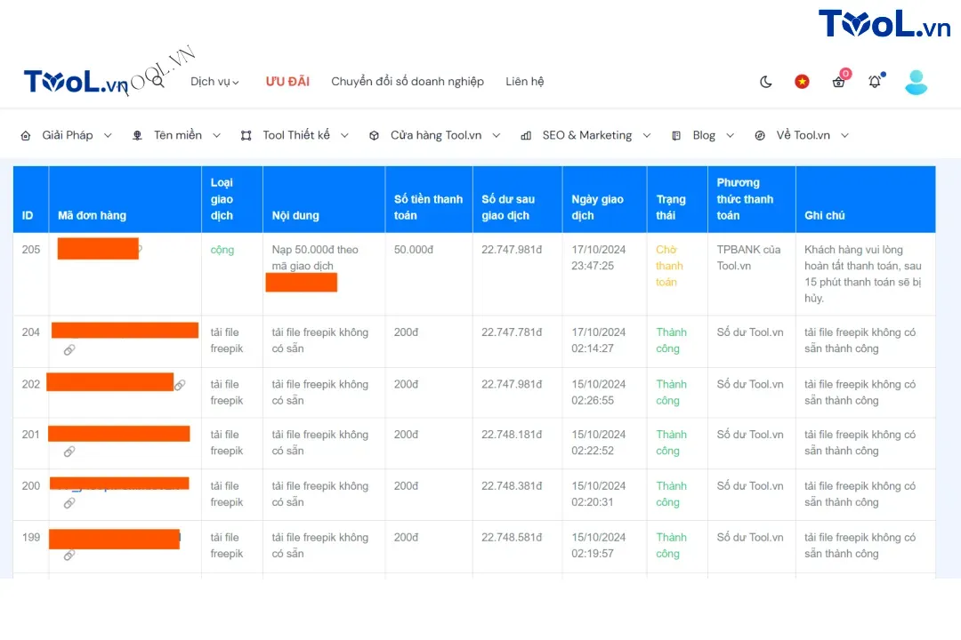 Lịch sử giao dịch tại Tool.vn