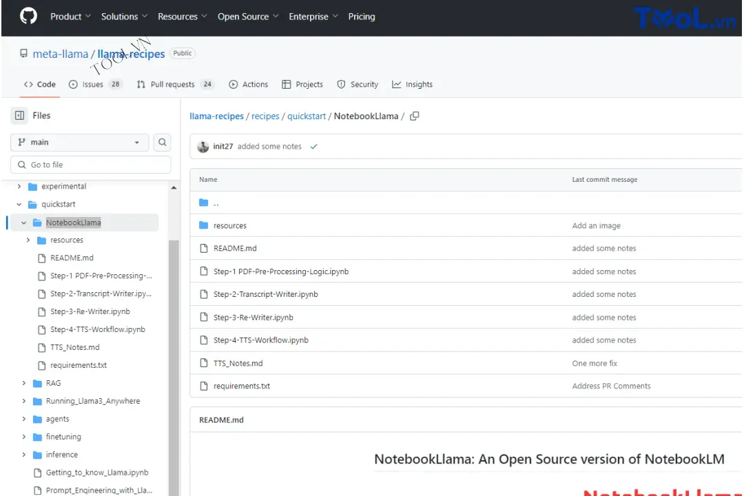 mã nguồn của NotebookLlama trên github