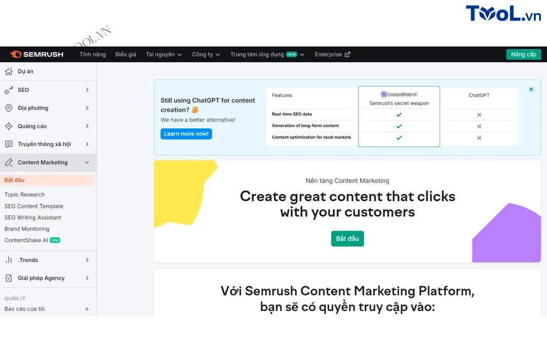 SEMrush đã hỗ trợ content Marketing với sự hỗ trợ của GPT