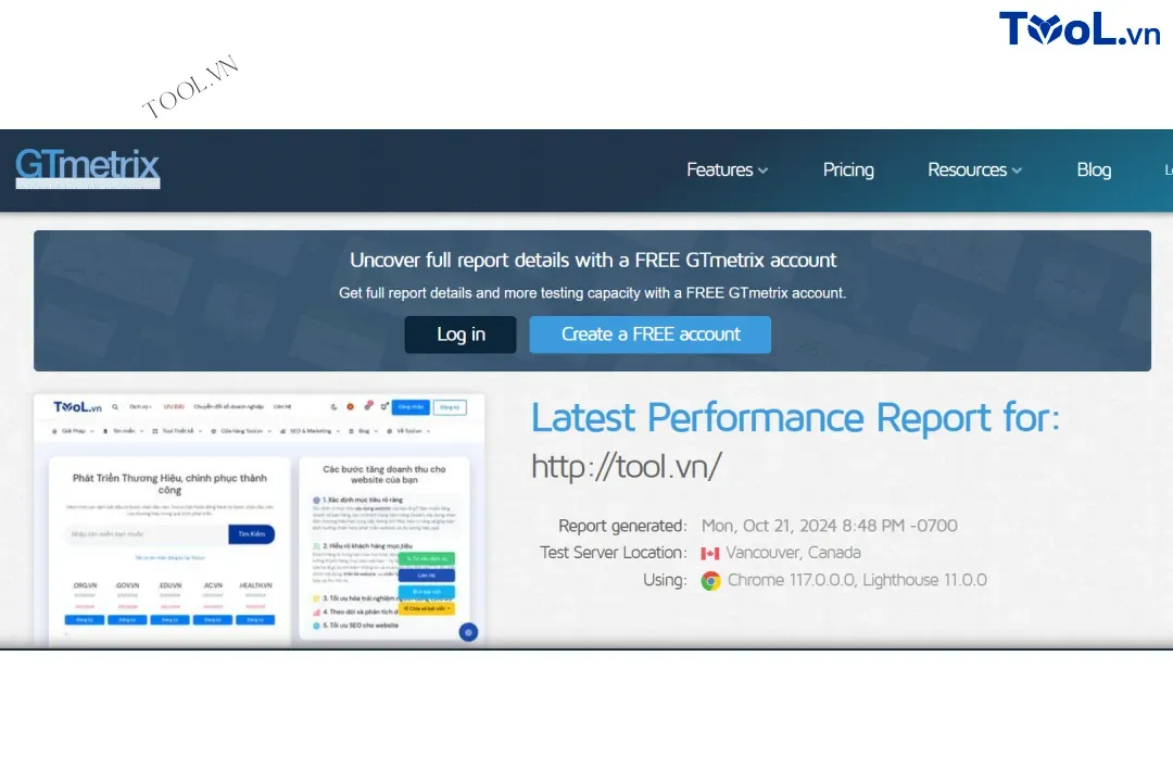 sử dụng công cụ GTmetrix để phân tích Tool.vn