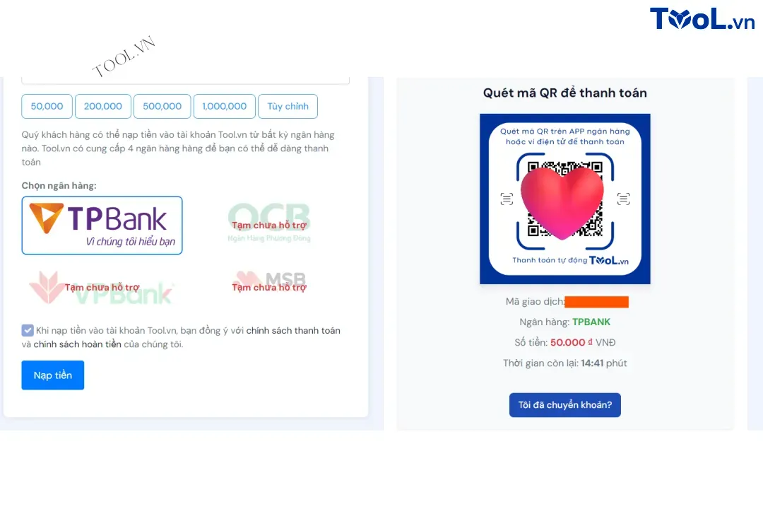 Thanh toán qua mã QR tại Tool.vn