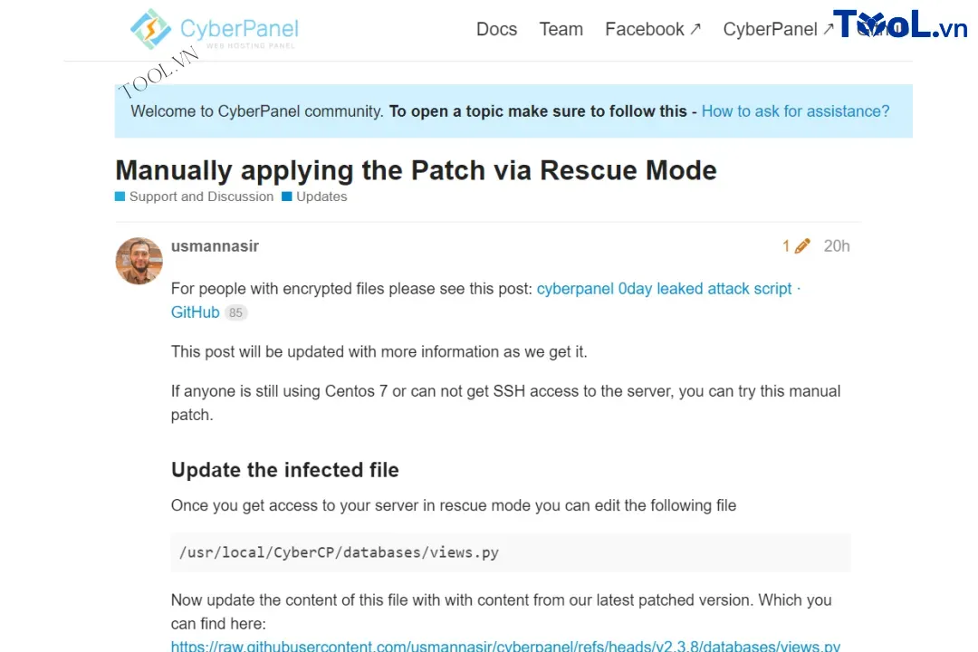Thông báo trên cộng đồng cyberpanel về cách fix lỗ hỏng bảo mât